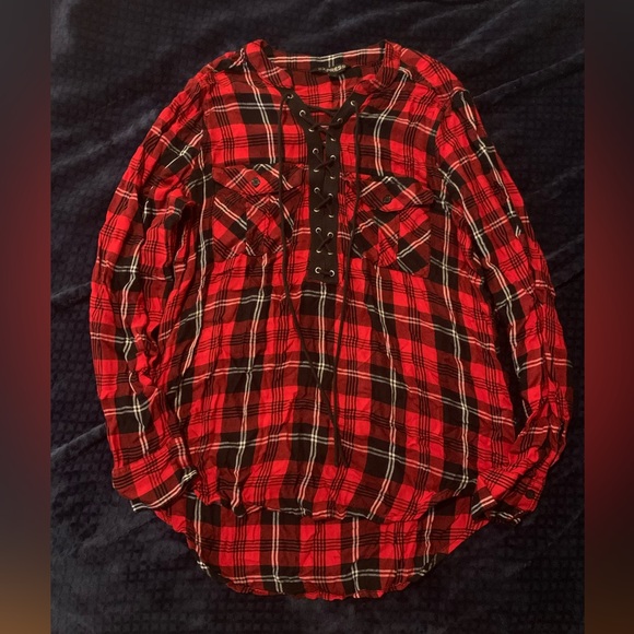 Red and black lace up top. EUC. Size small. - Picture 1 of 11